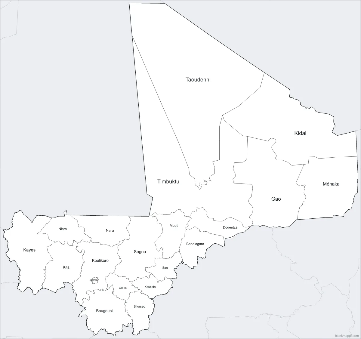 Blank map of Mali, labeled
