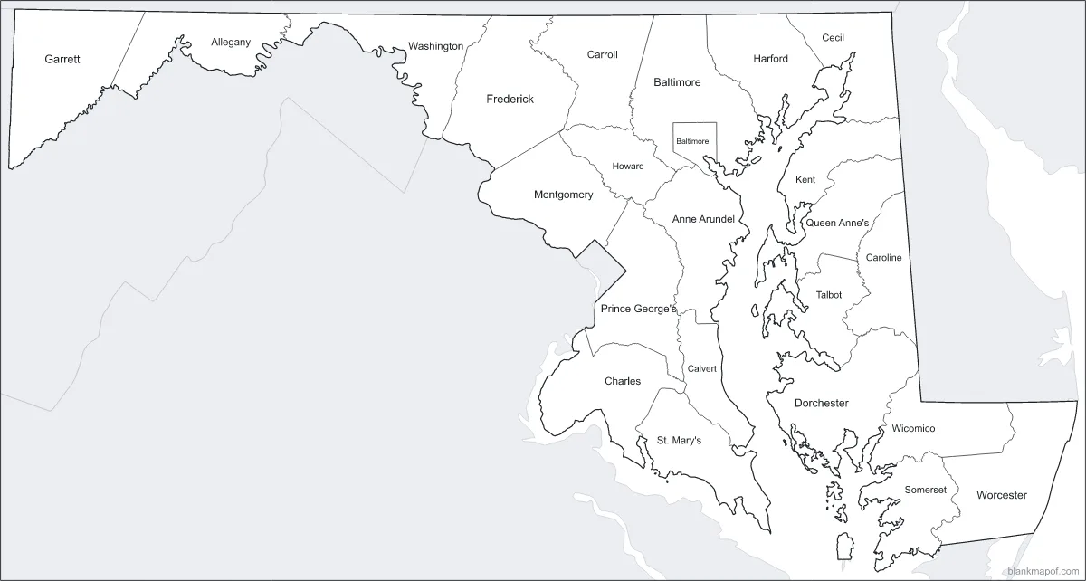 Blank map of Maryland, labeled