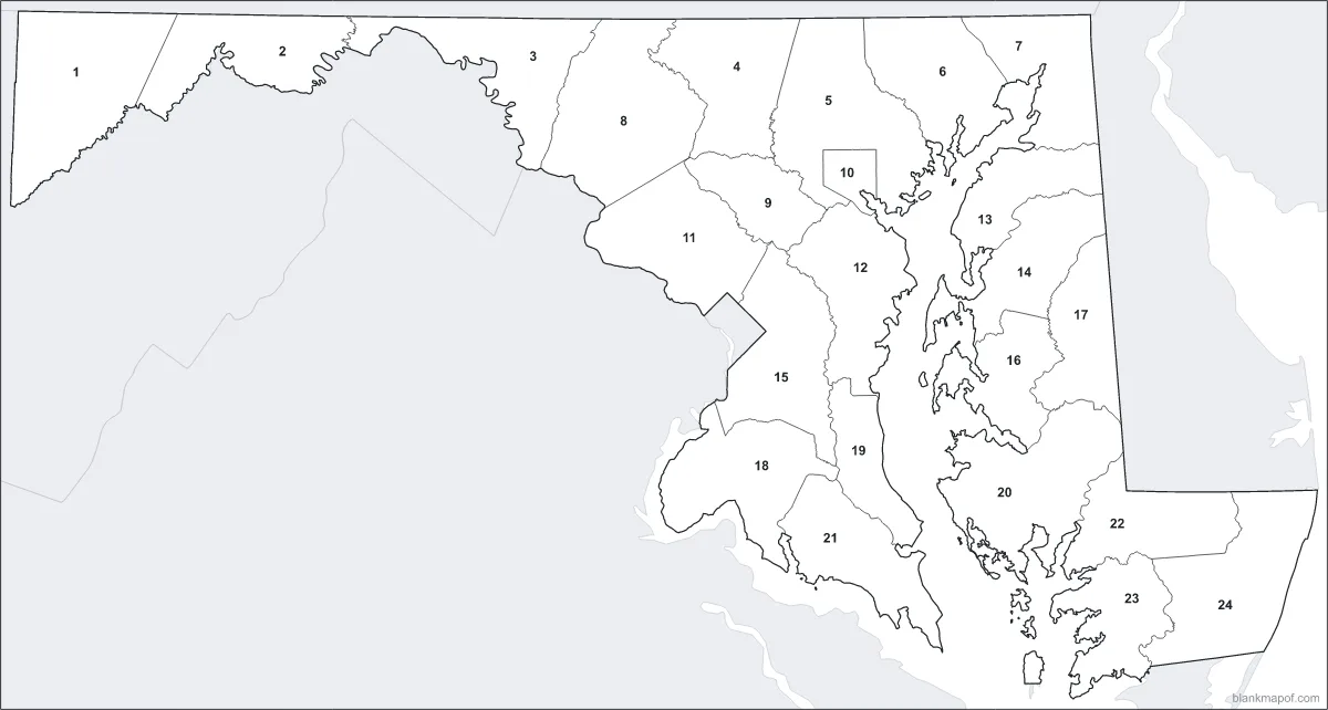 Blank map of Maryland, numbered