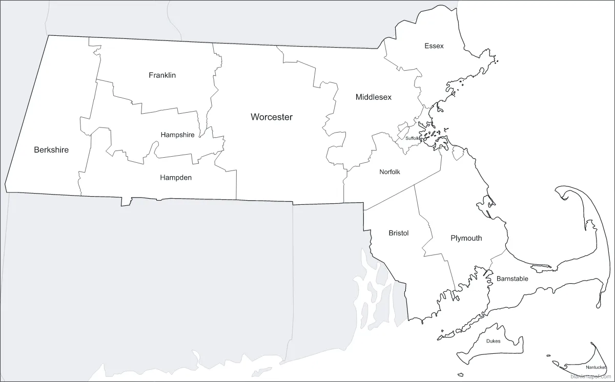 Blank map of Massachusetts, labeled