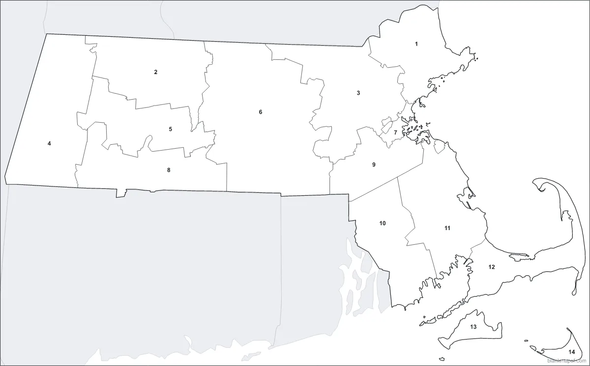 Blank map of Massachusetts, numbered
