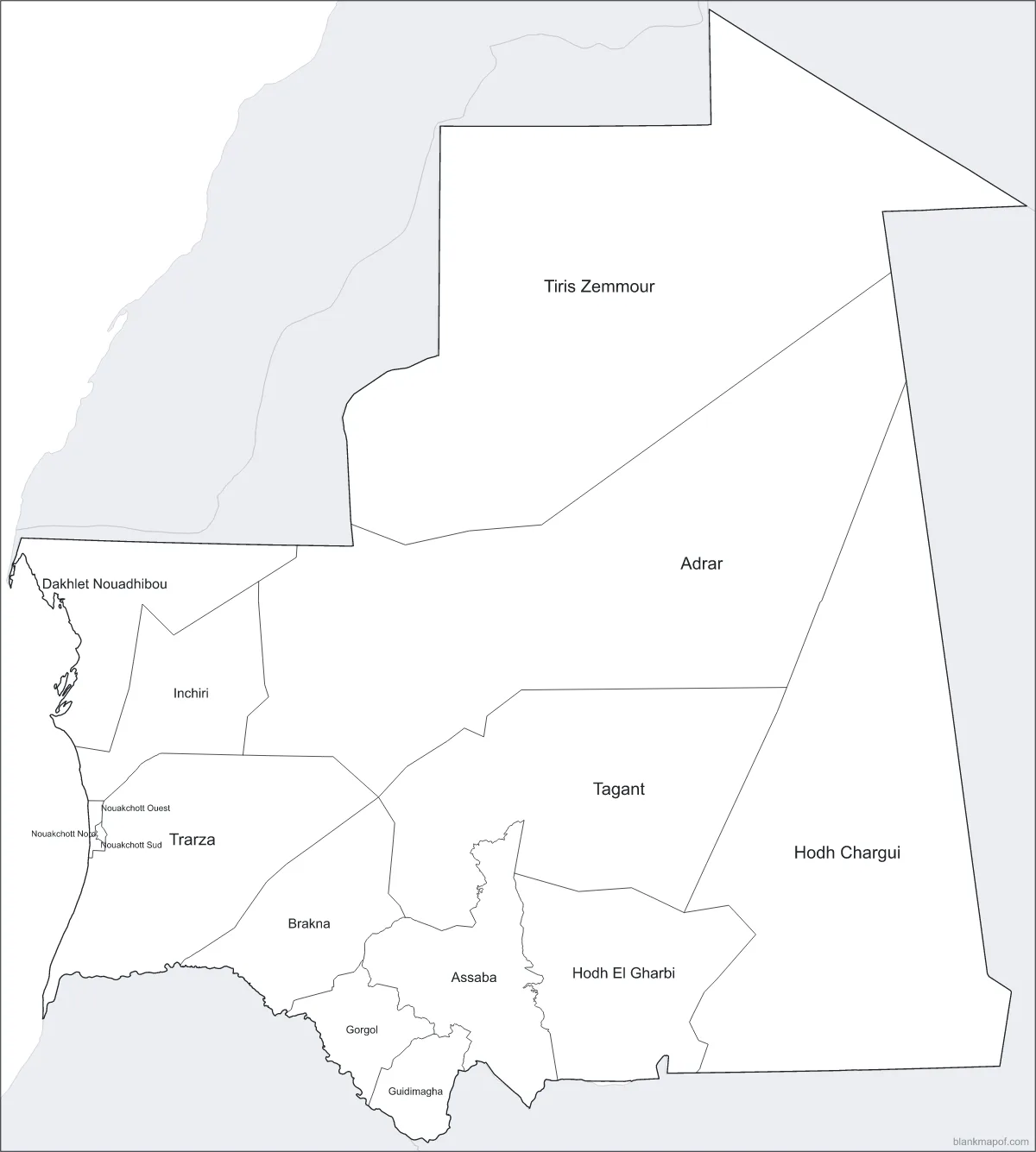 Blank map of Mauritania, labeled