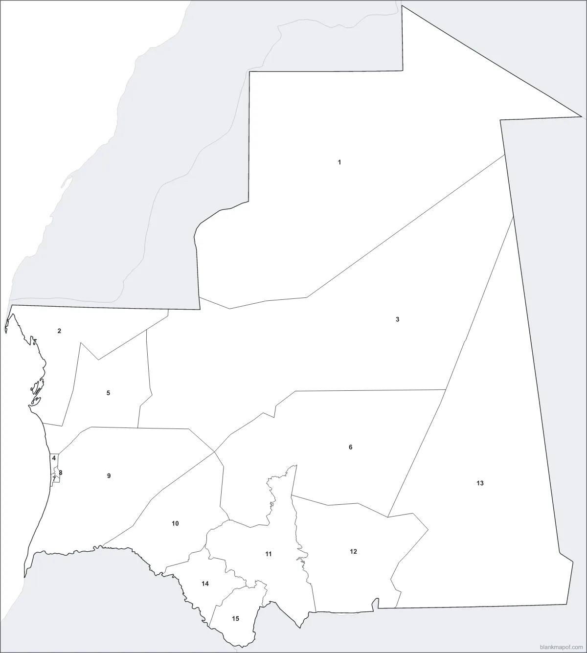 Blank map of Mauritania, numbered