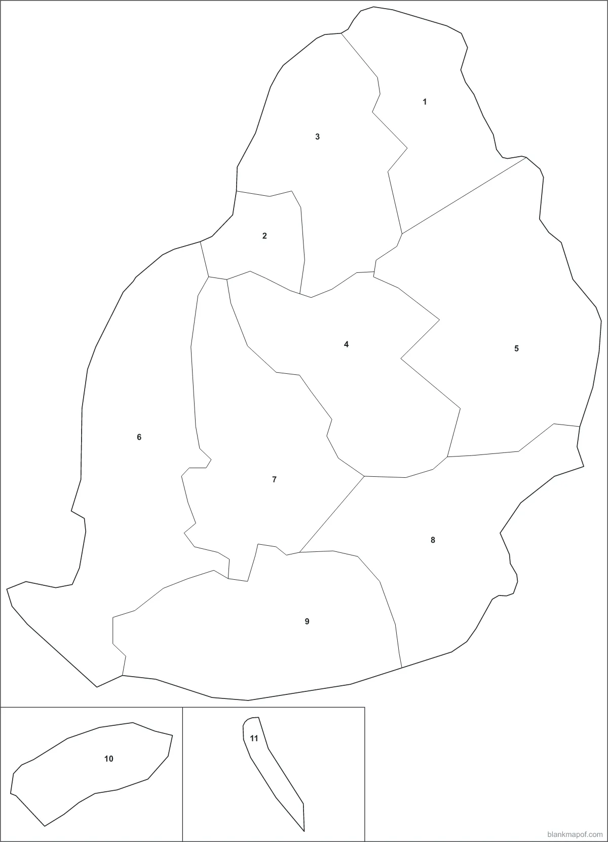 Blank map of Mauritius, numbered