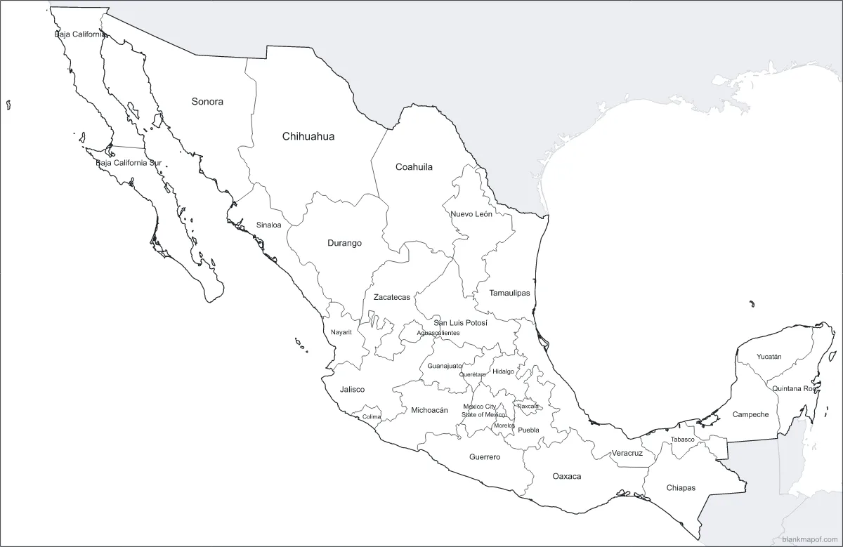 Blank map of Mexico, labeled