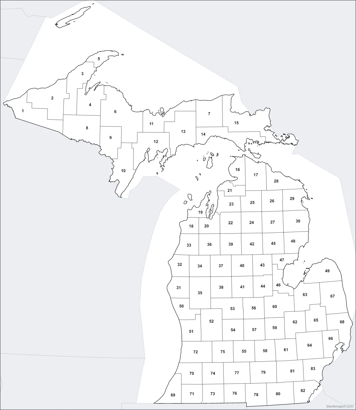 Blank map of Michigan, numbered