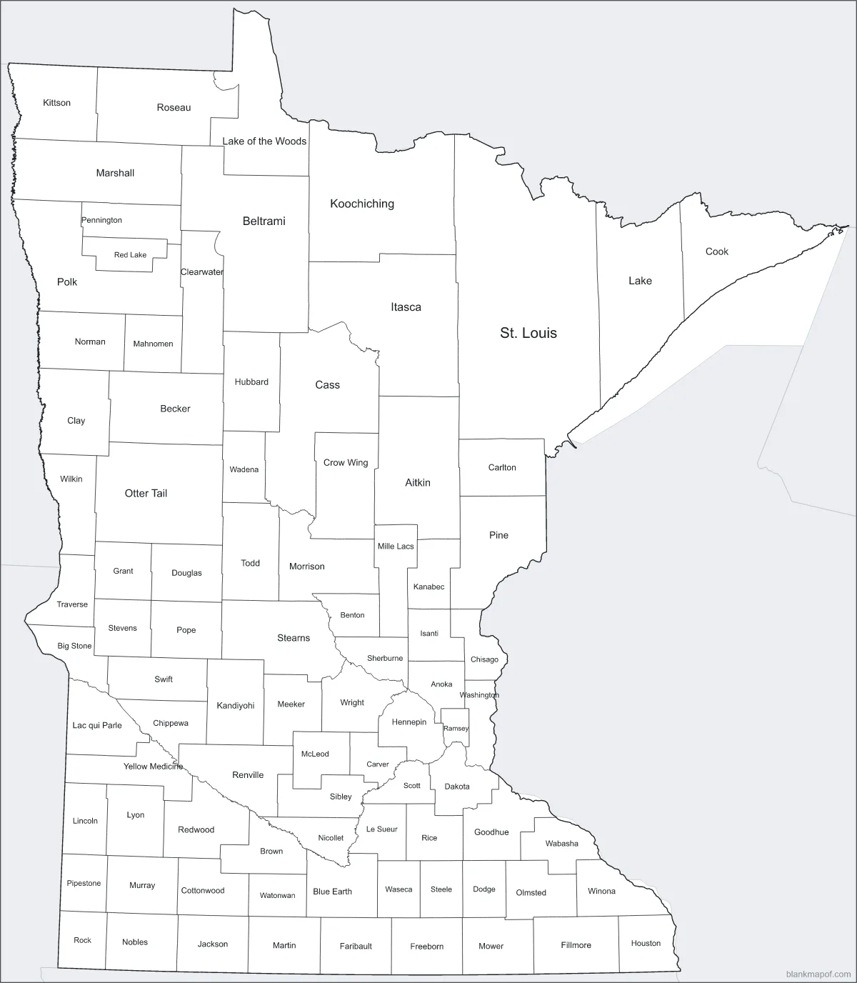 Blank map of Minnesota, labeled