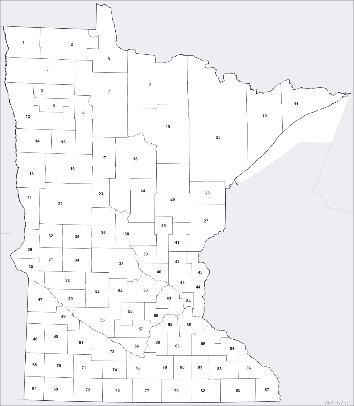 Blank map of Minnesota, numbered