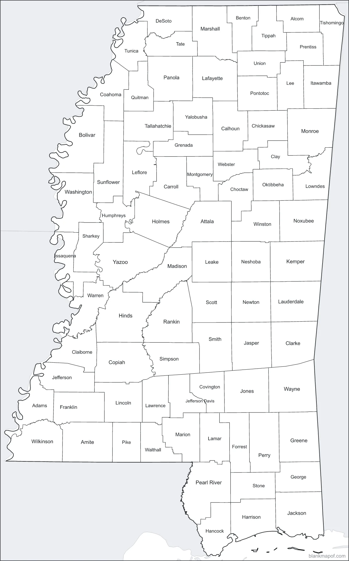 Blank map of Mississippi, labeled