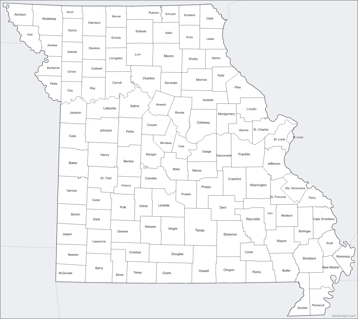 Blank map of Missouri, labeled