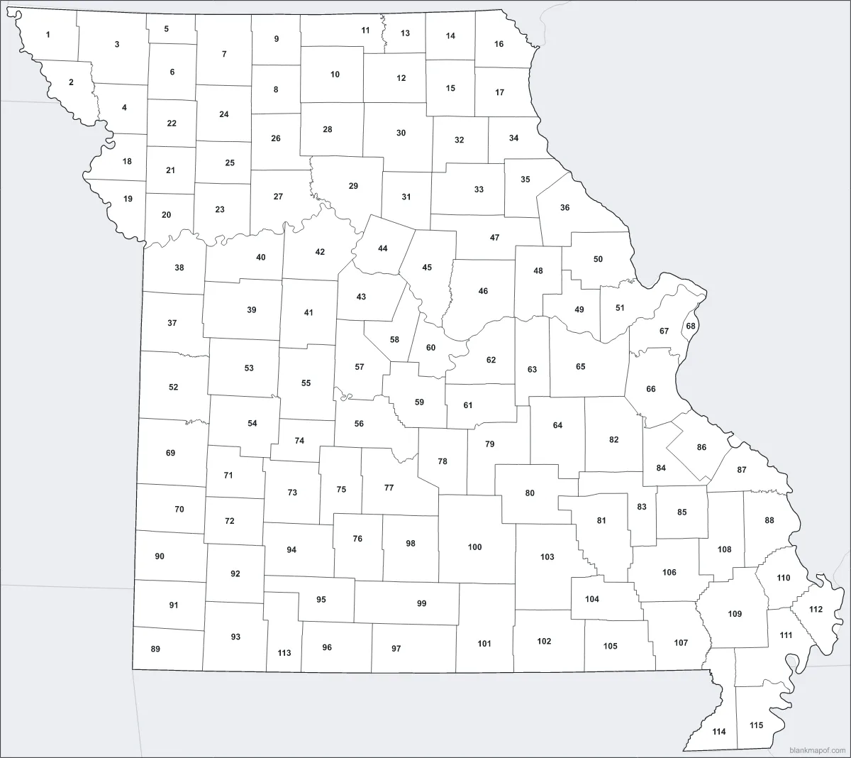 Blank map of Missouri, numbered