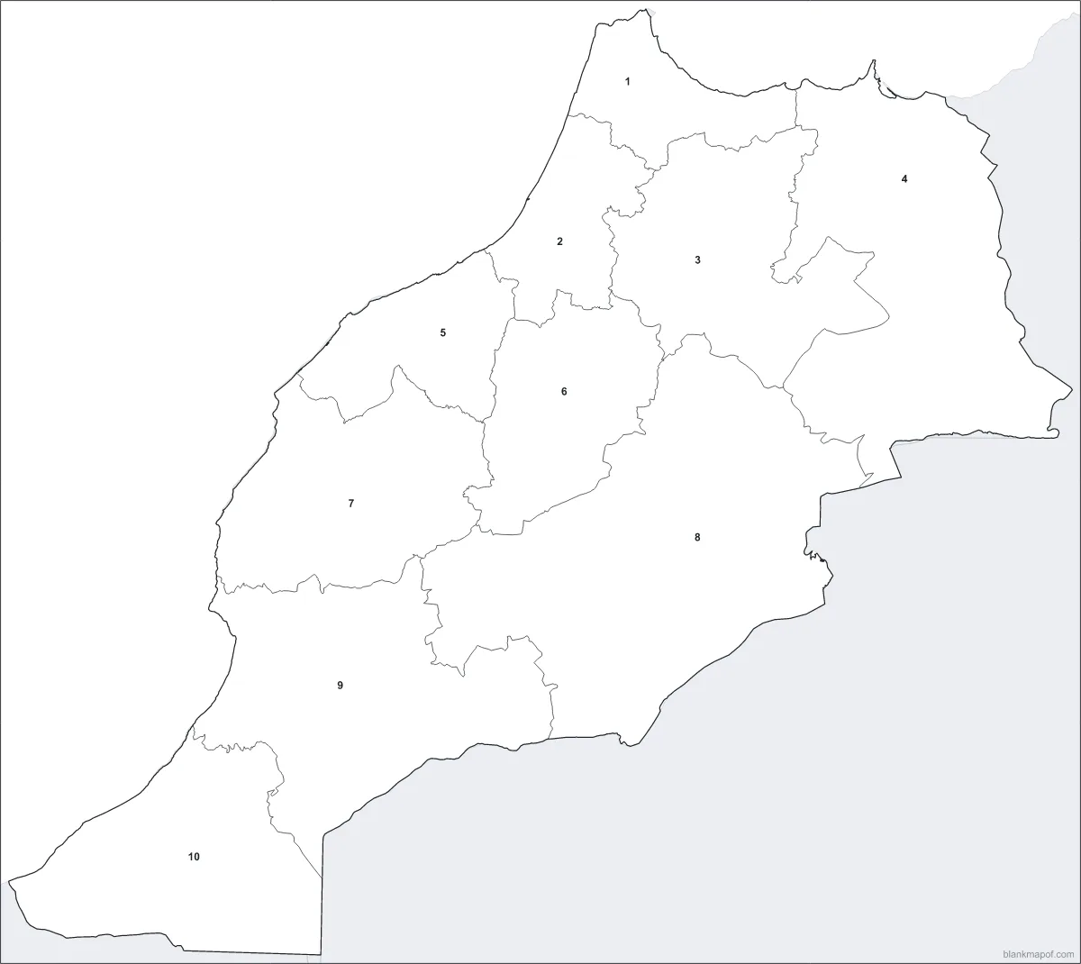 Blank map of Morocco, numbered