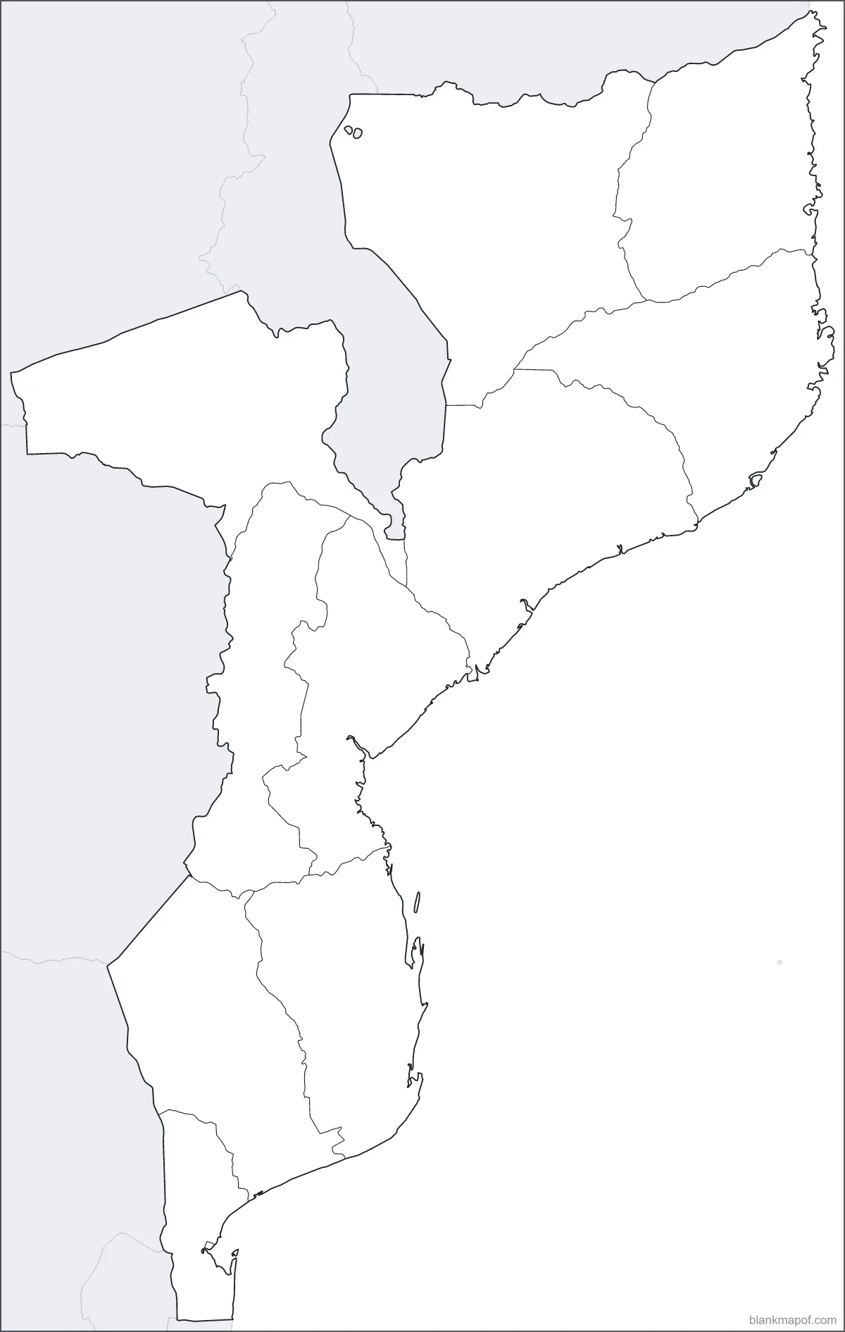 Blank map of Mozambique, with borders