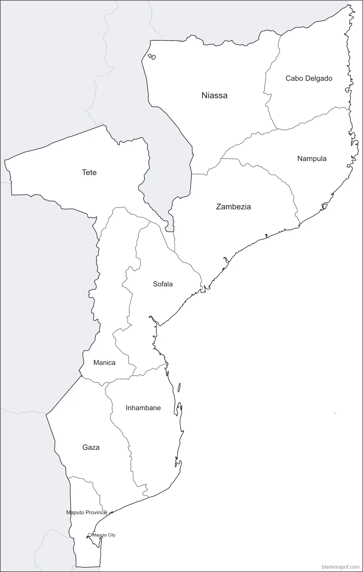 Blank map of Mozambique, labeled