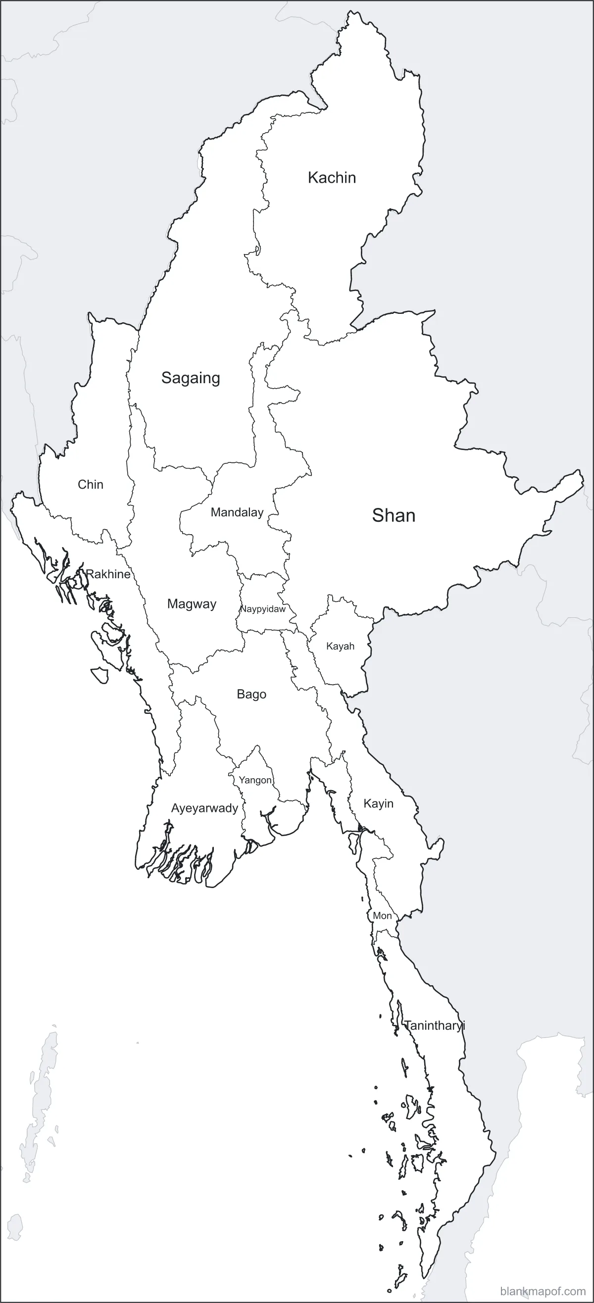 Blank map of Myanmar, labeled