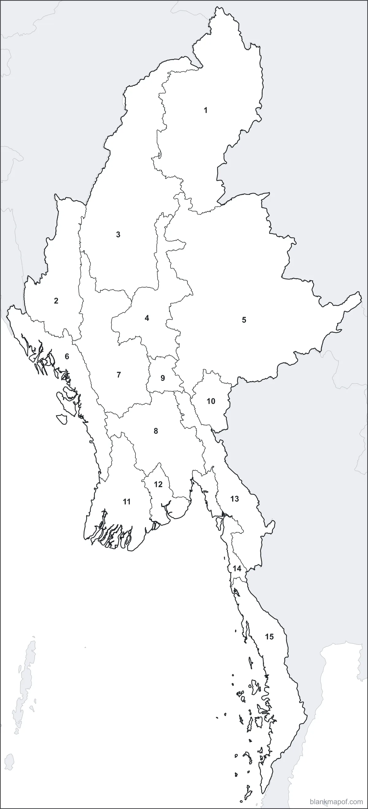 Blank map of Myanmar, numbered