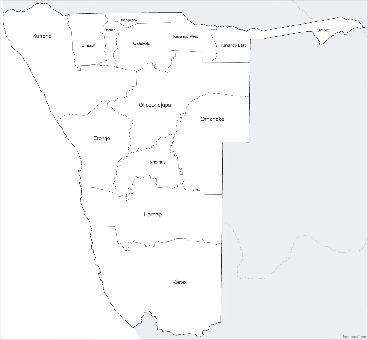 Blank map of Namibia, labeled