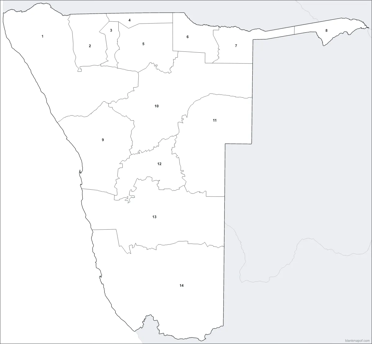 Blank map of Namibia, numbered