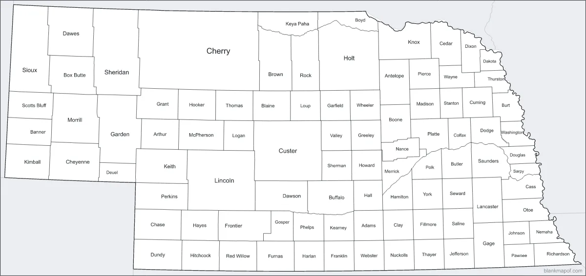 Blank map of Nebraska, labeled