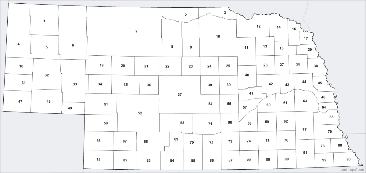 Blank map of Nebraska, numbered