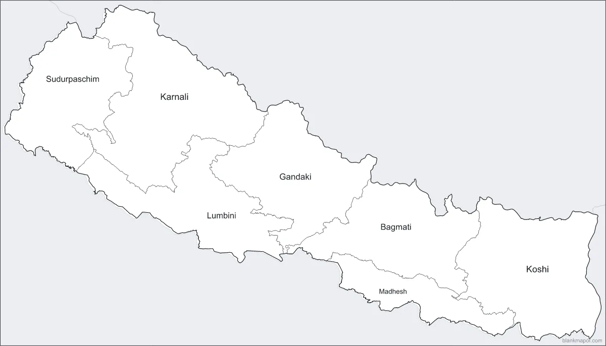 Blank map of Nepal, labeled