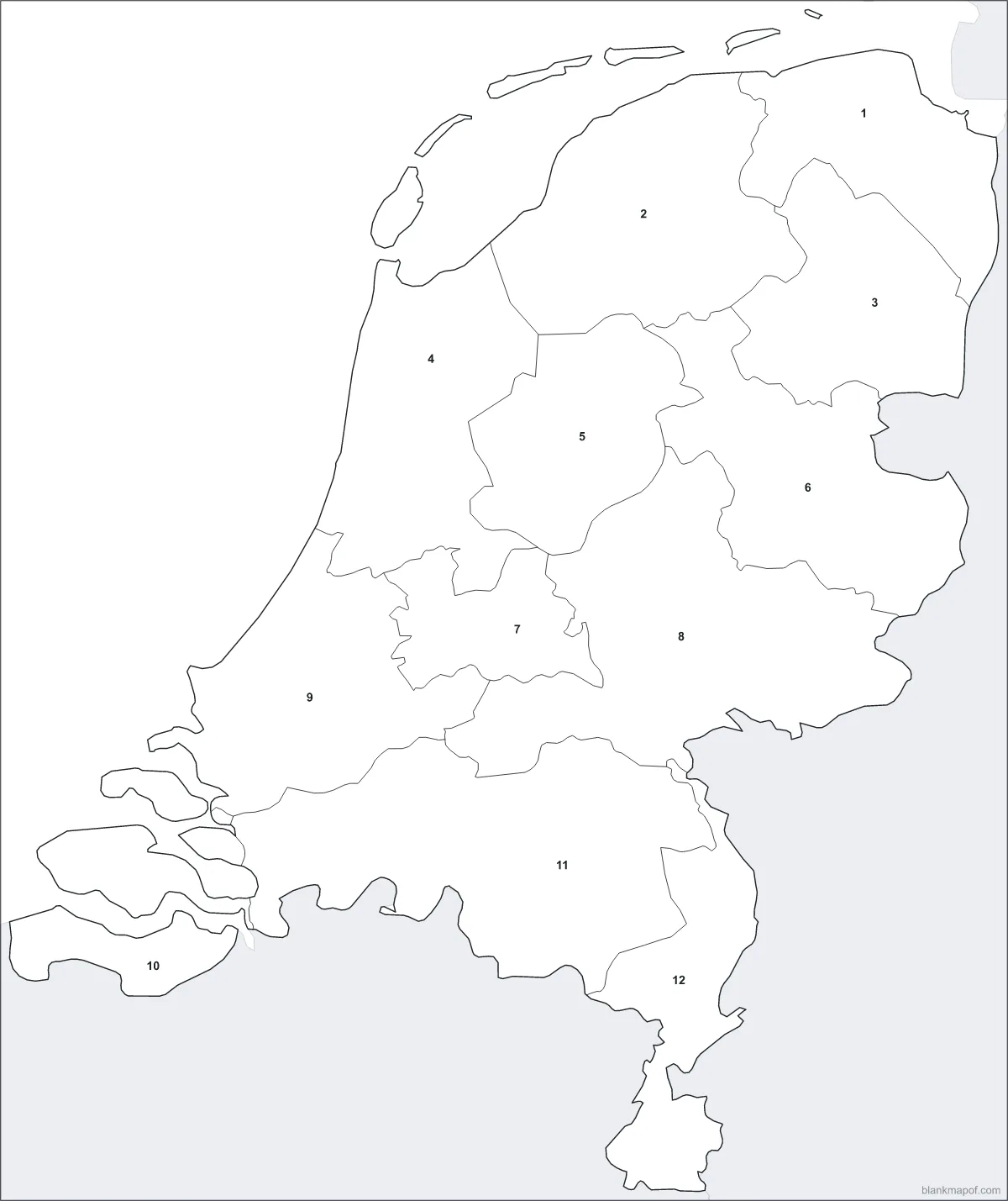 Blank map of the Netherlands, numbered