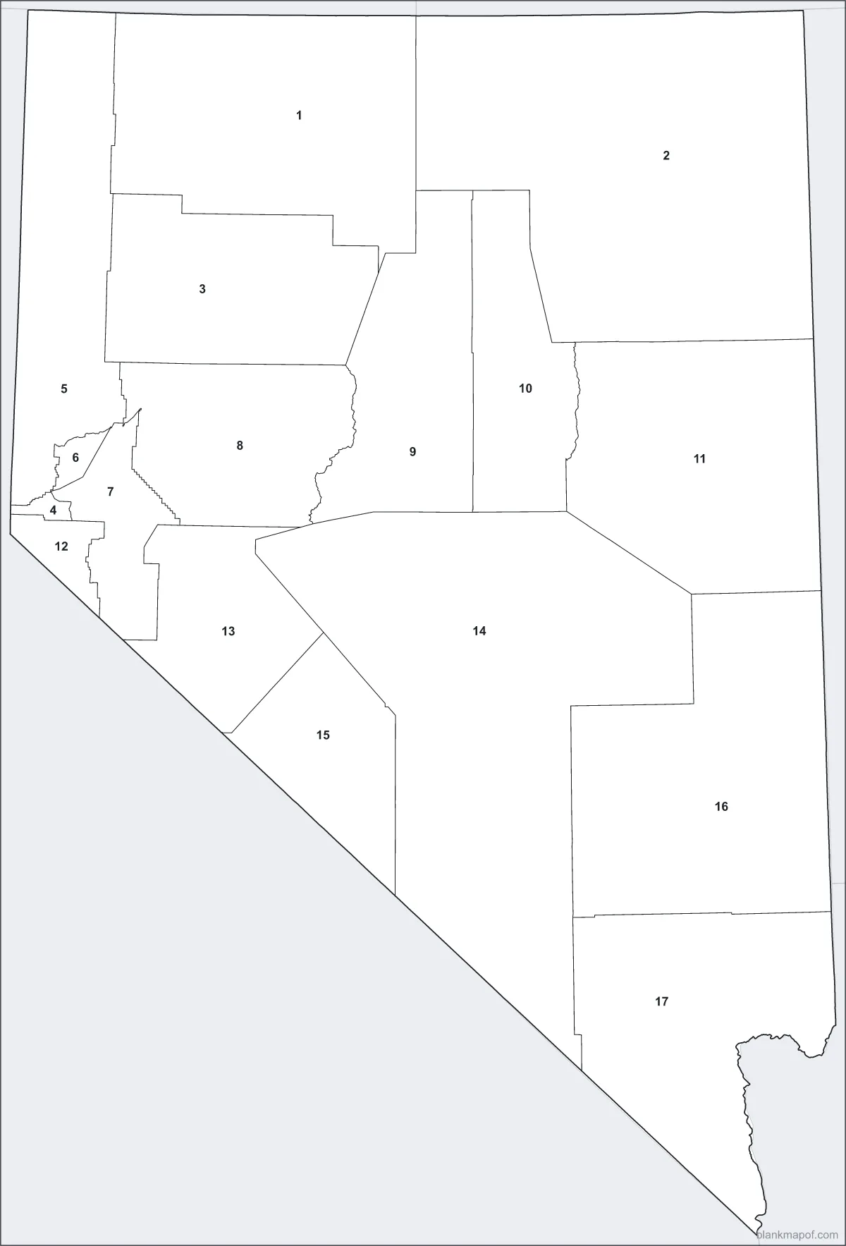 Blank map of Nevada, numbered