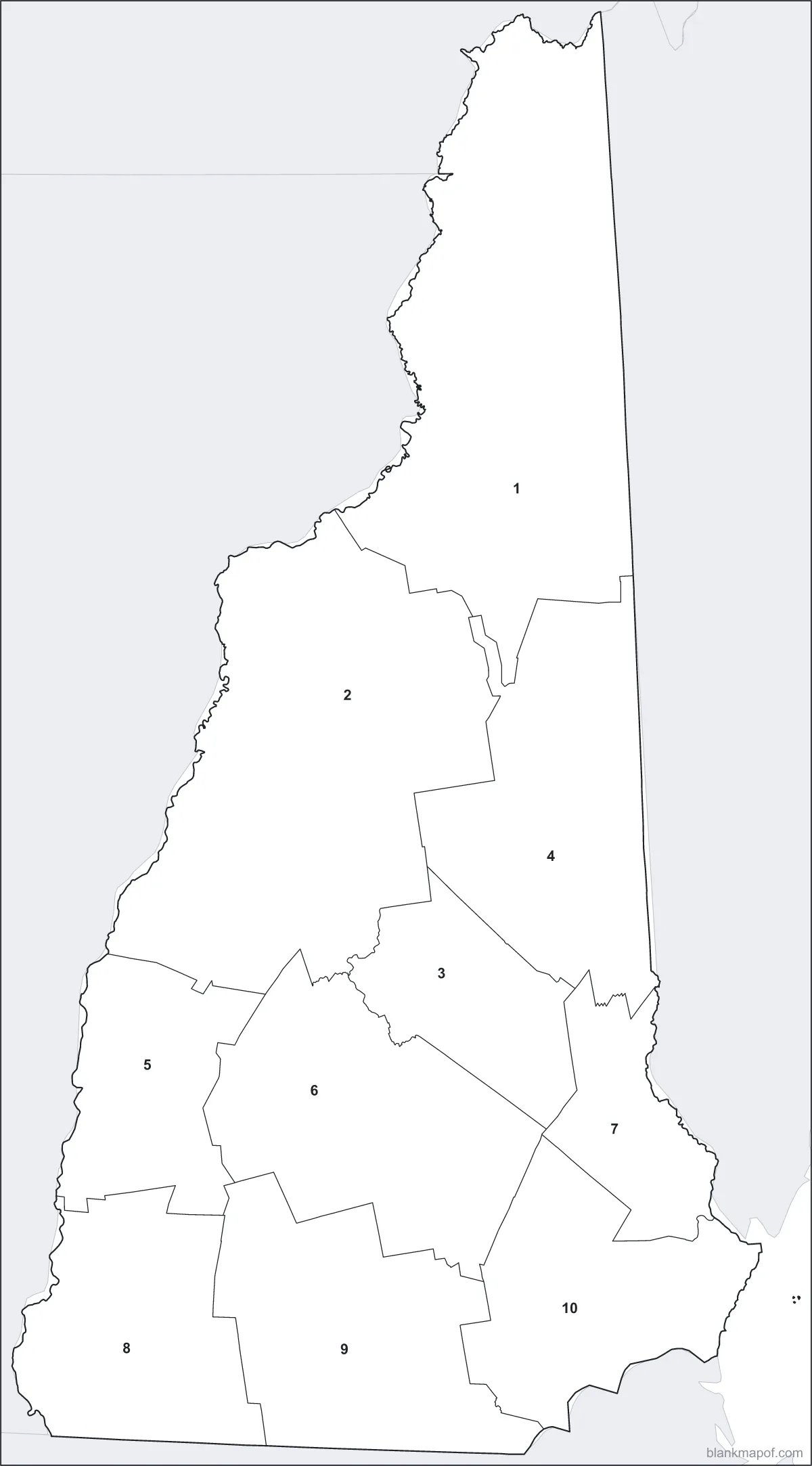 Blank map of New Hampshire, numbered