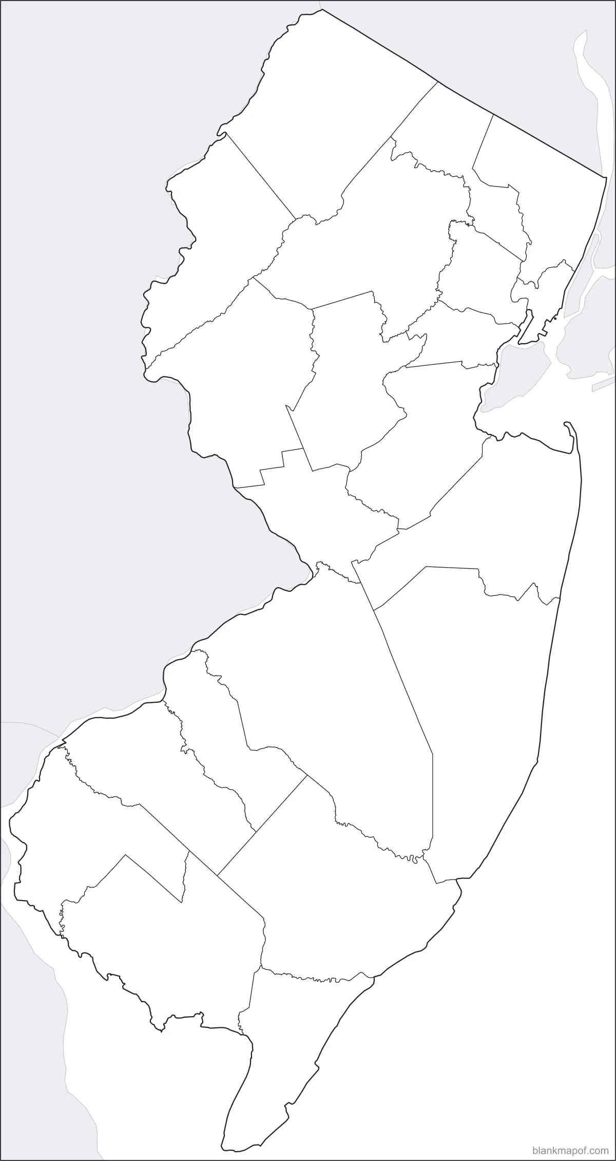 Blank map of New Jersey, with borders