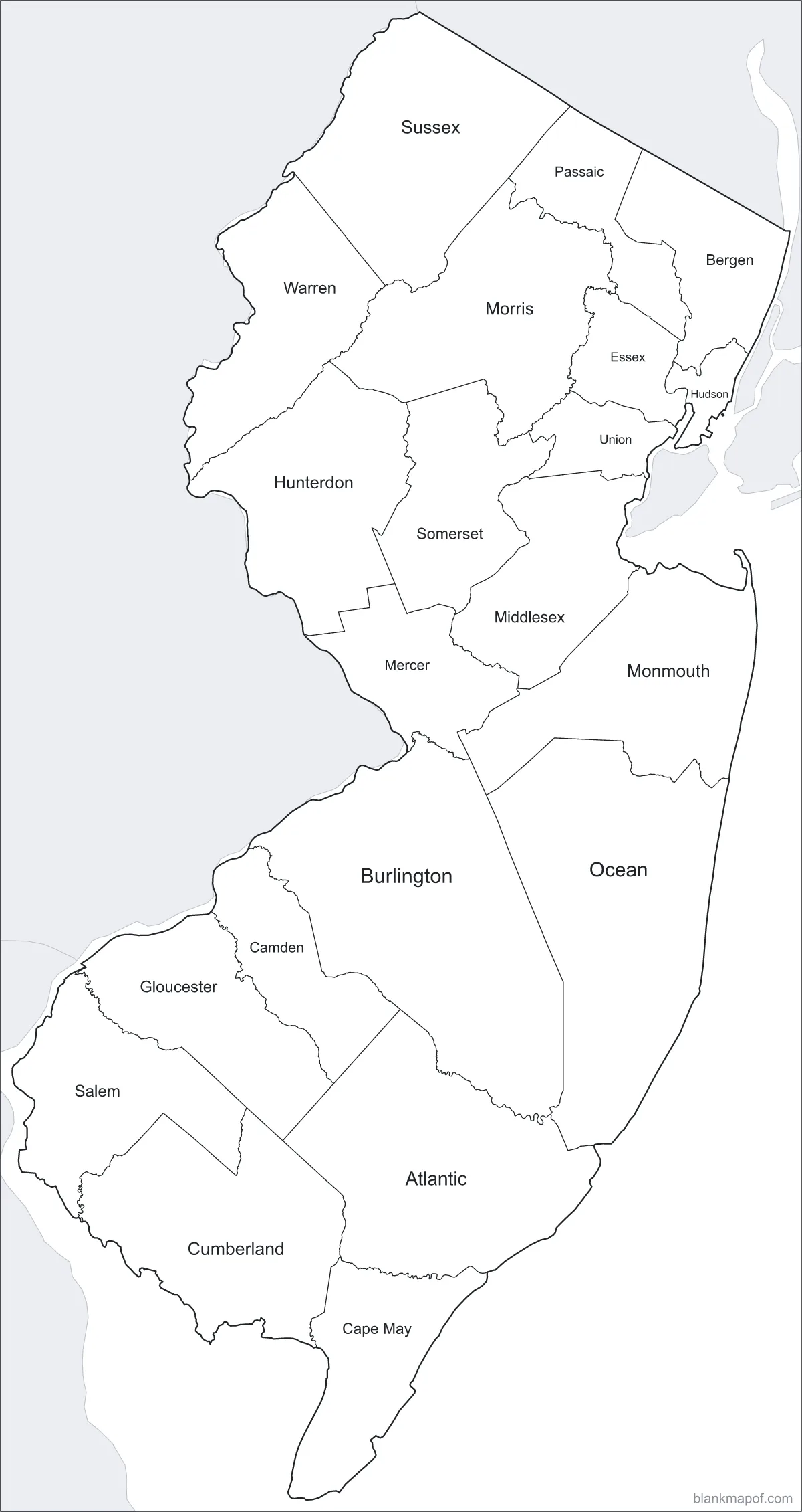 Blank map of New Jersey, labeled