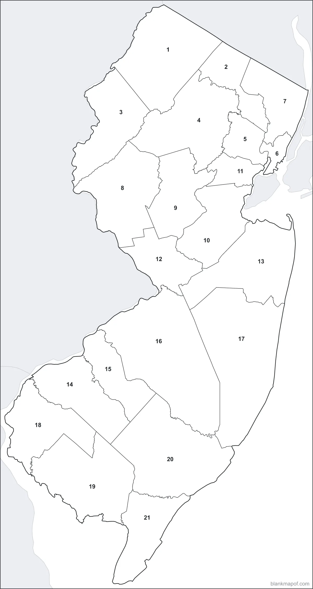 Blank map of New Jersey, numbered
