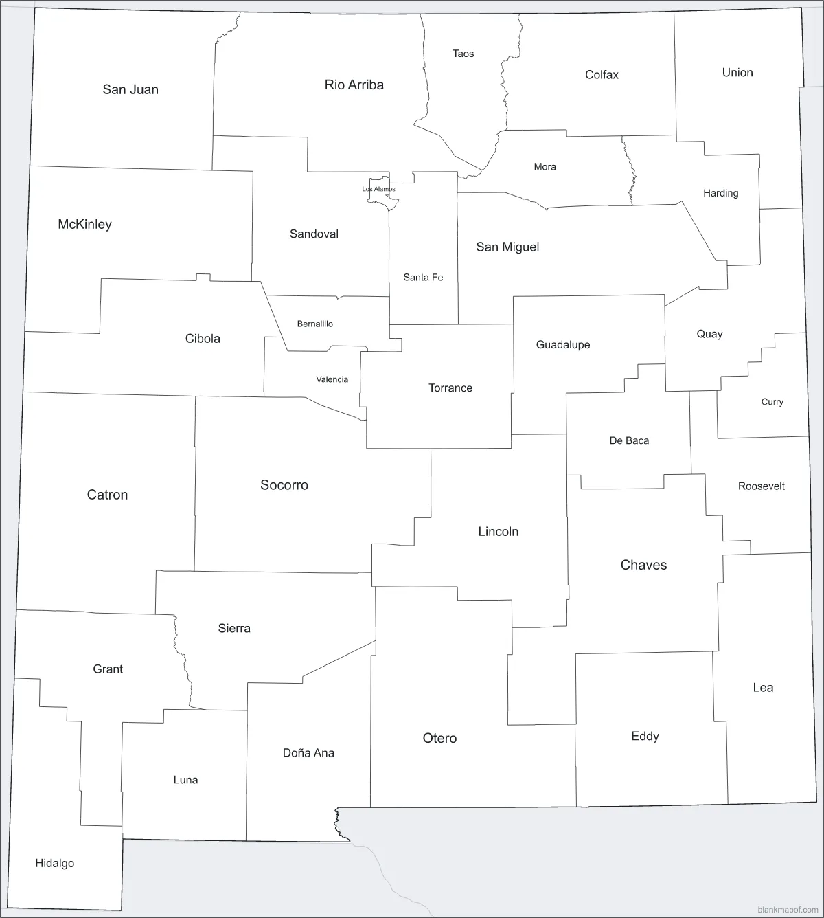 Blank map of New Mexico, labeled