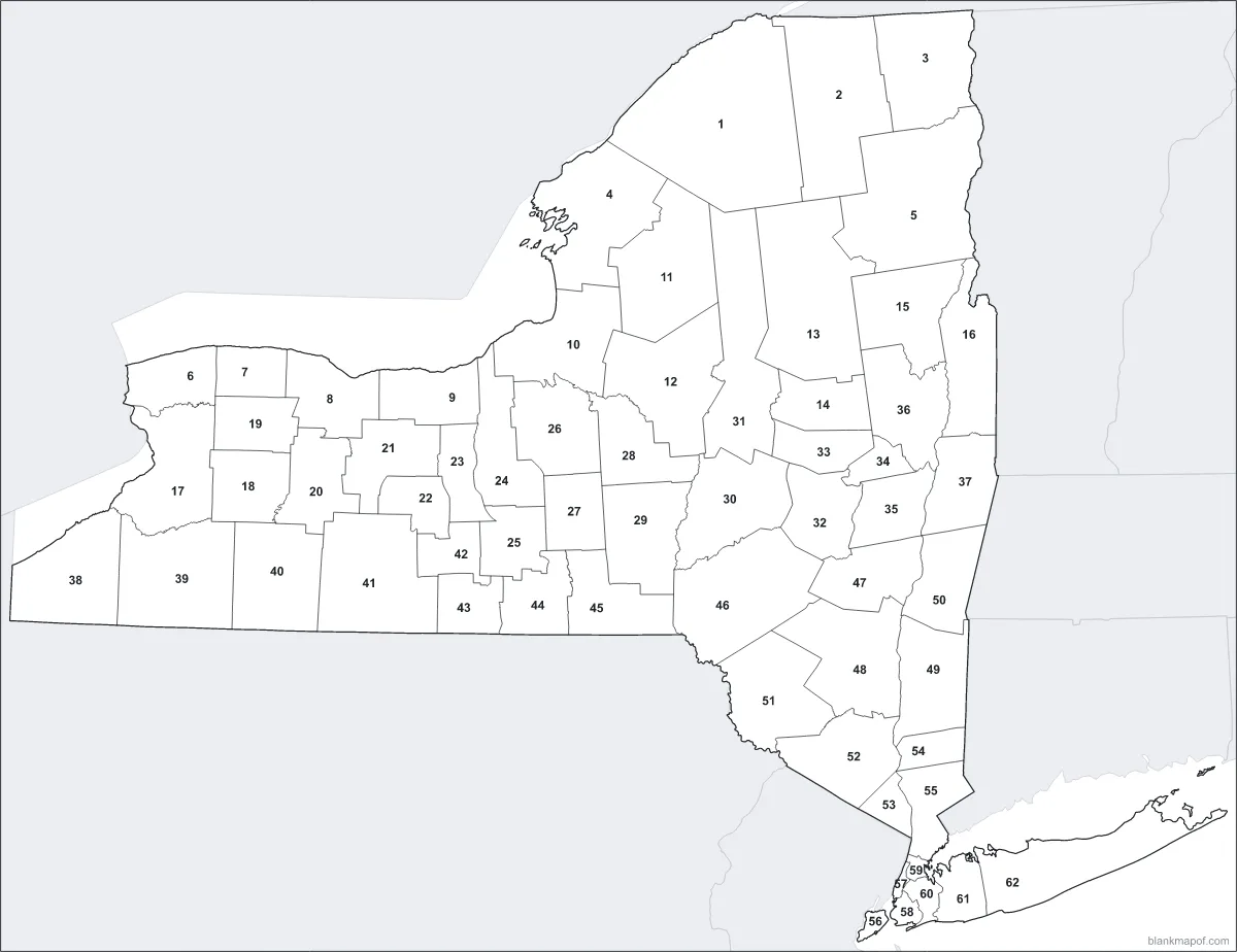 Blank map of New York, numbered