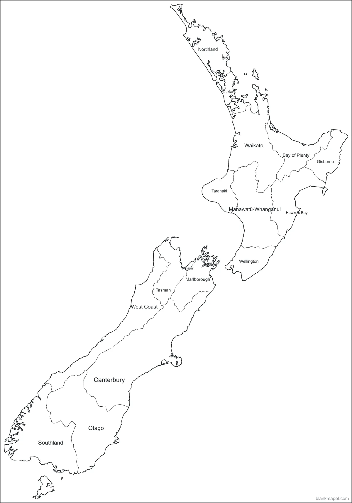 Blank map of New Zealand, labeled