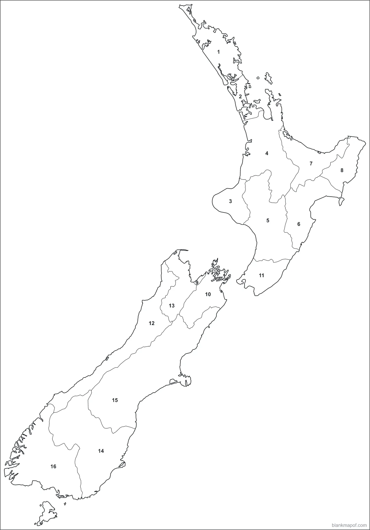 Blank map of New Zealand, numbered
