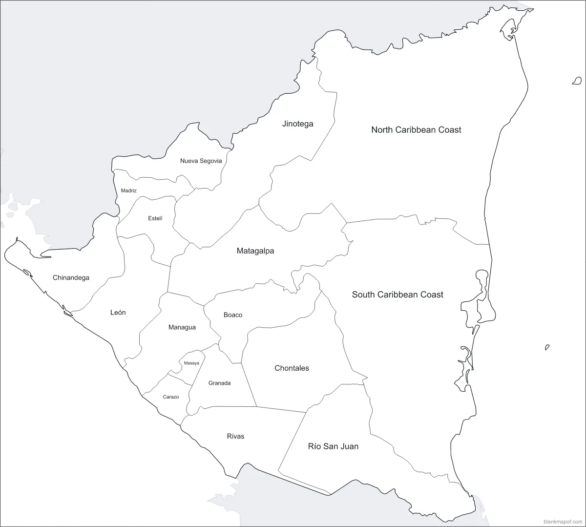 Blank map of Nicaragua, labeled