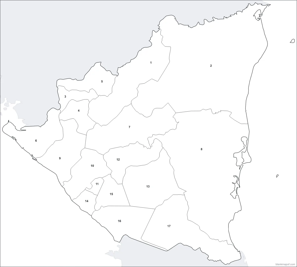 Blank map of Nicaragua, numbered