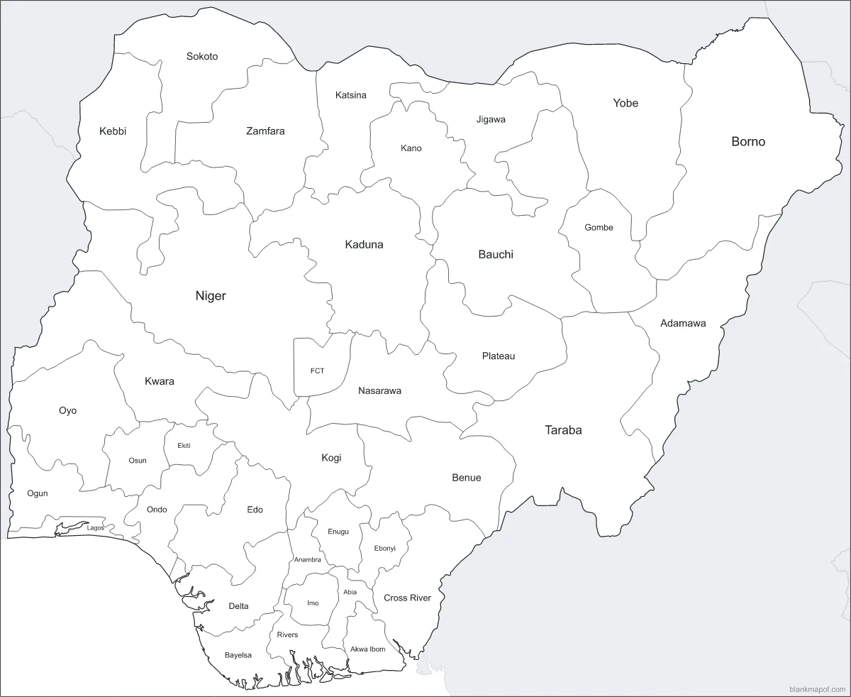 Blank map of Nigeria, labeled