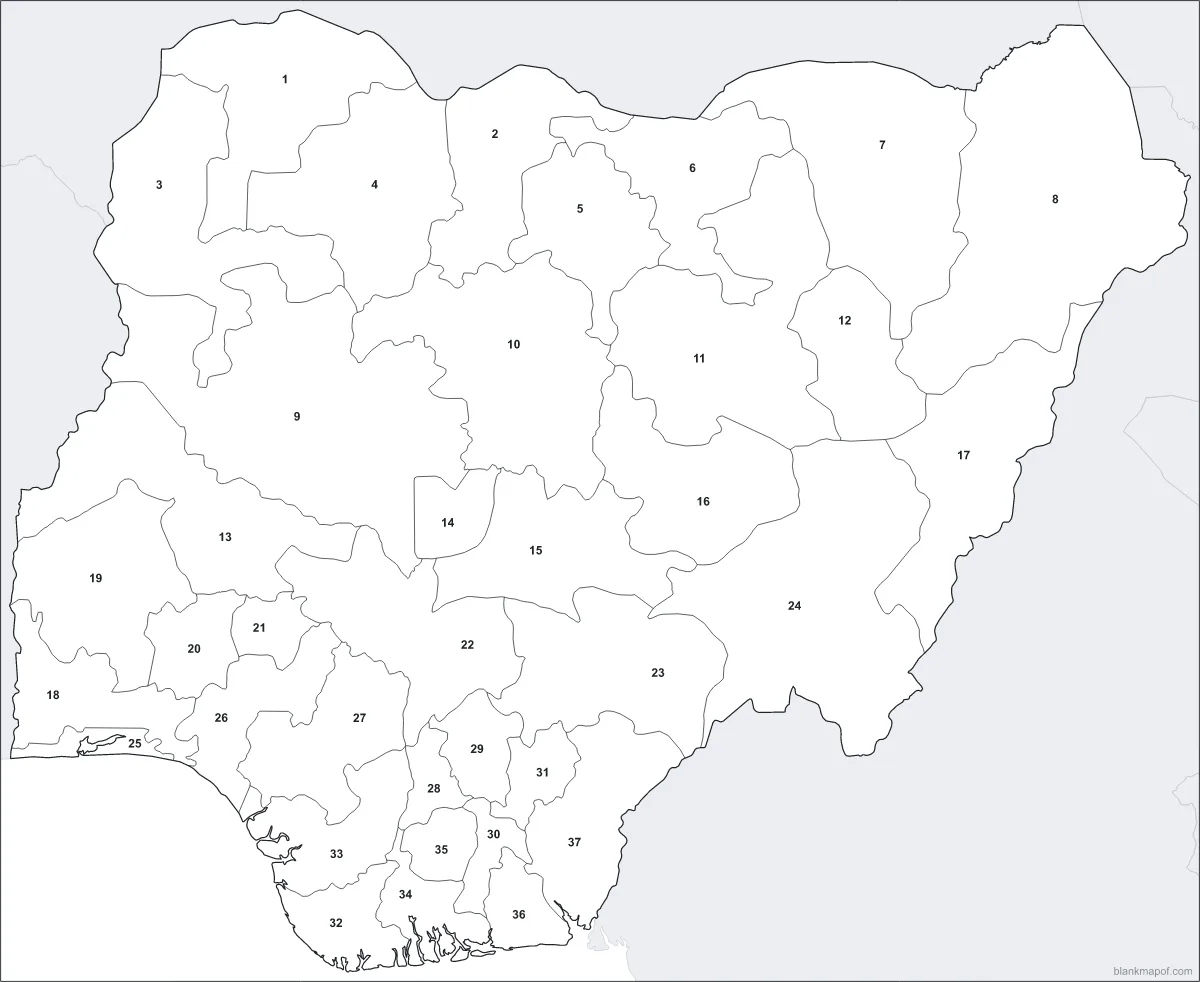 Blank map of Nigeria, numbered