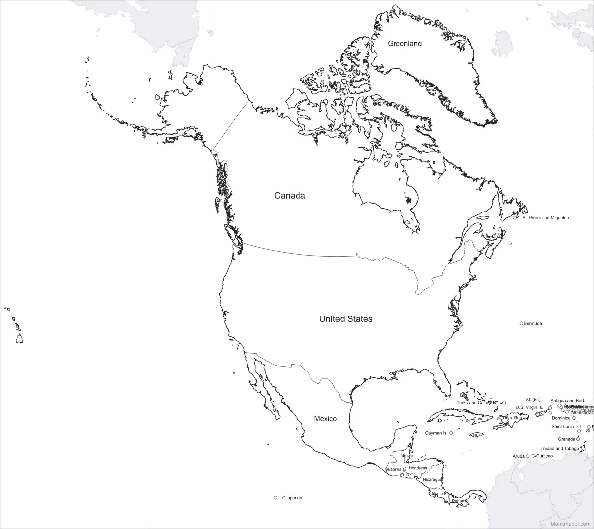 Blank map of North America, labeled