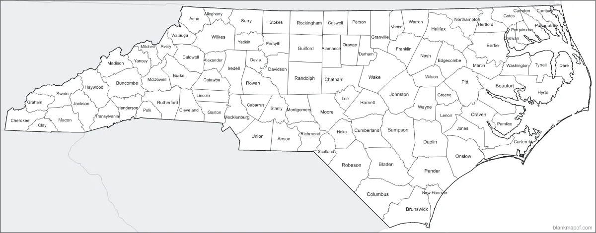 Blank map of North Carolina, labeled