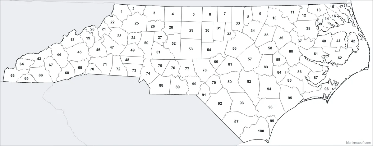 Blank map of North Carolina, numbered