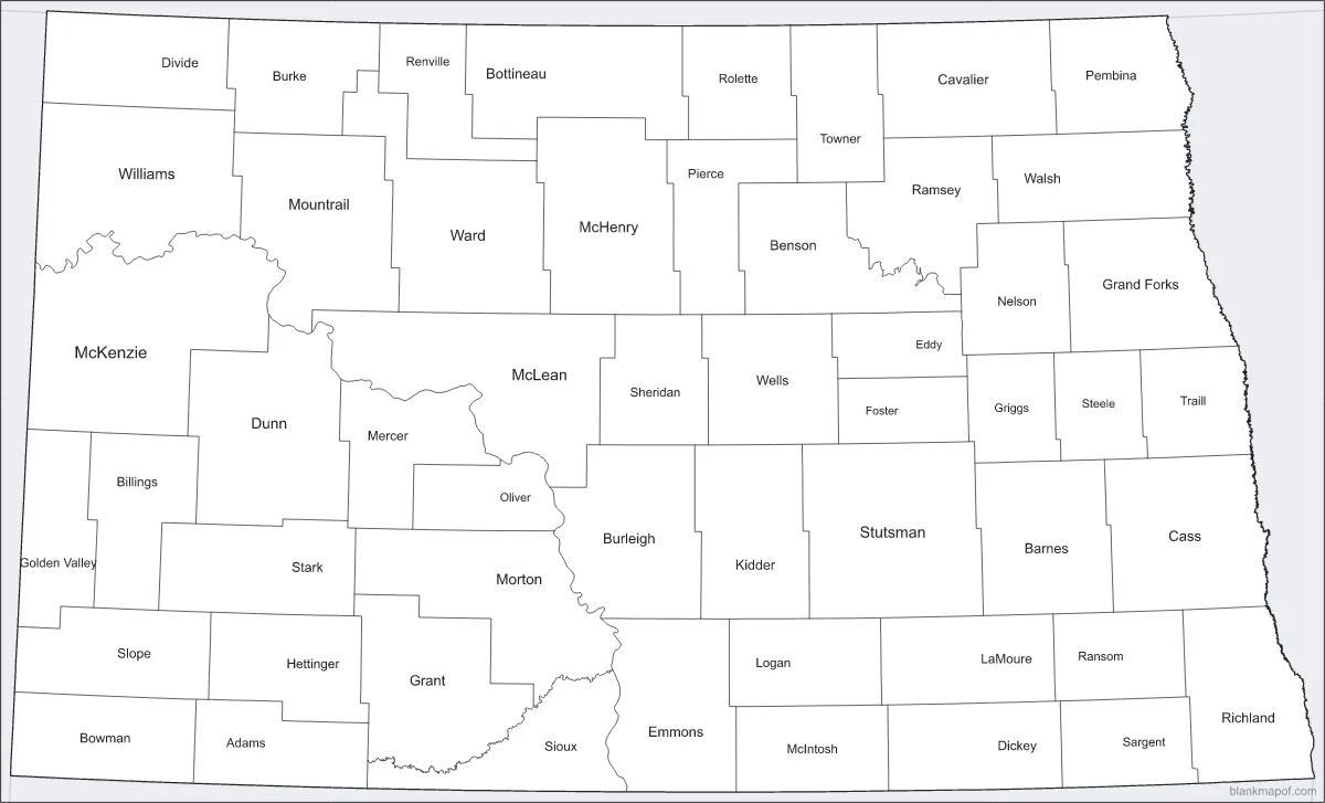 Blank map of North Dakota, labeled