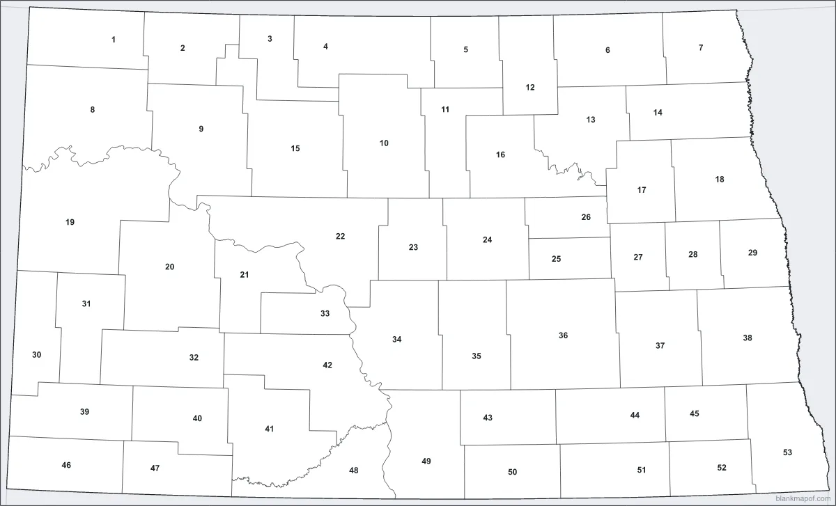 Blank map of North Dakota, numbered