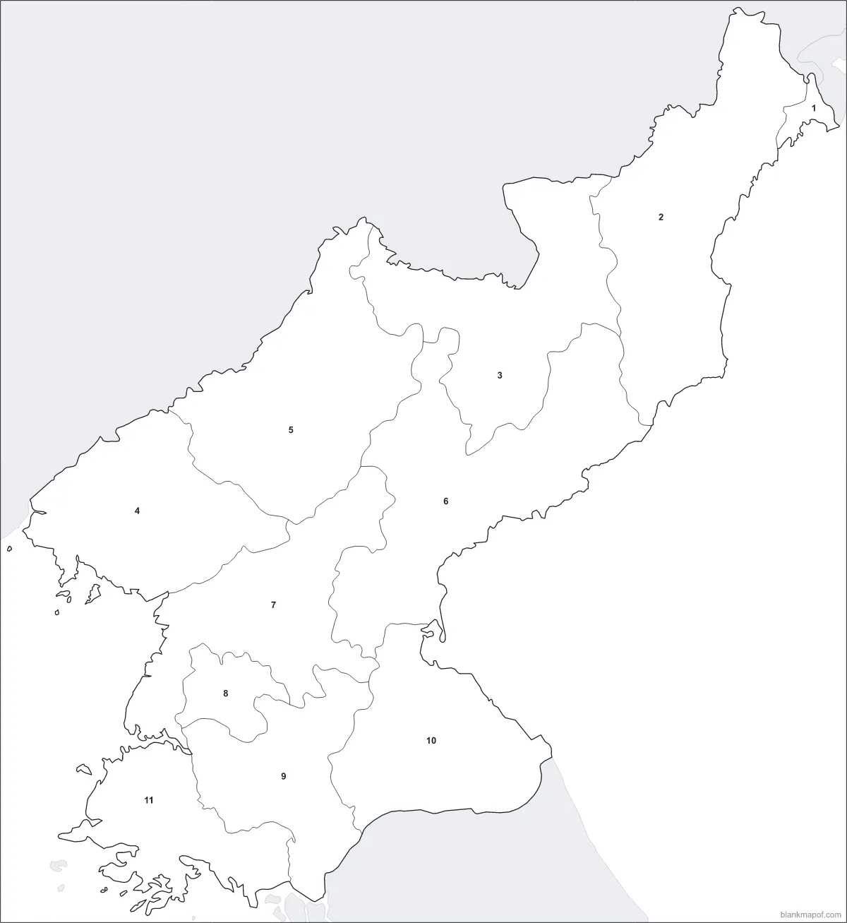 Blank map of North Korea, numbered