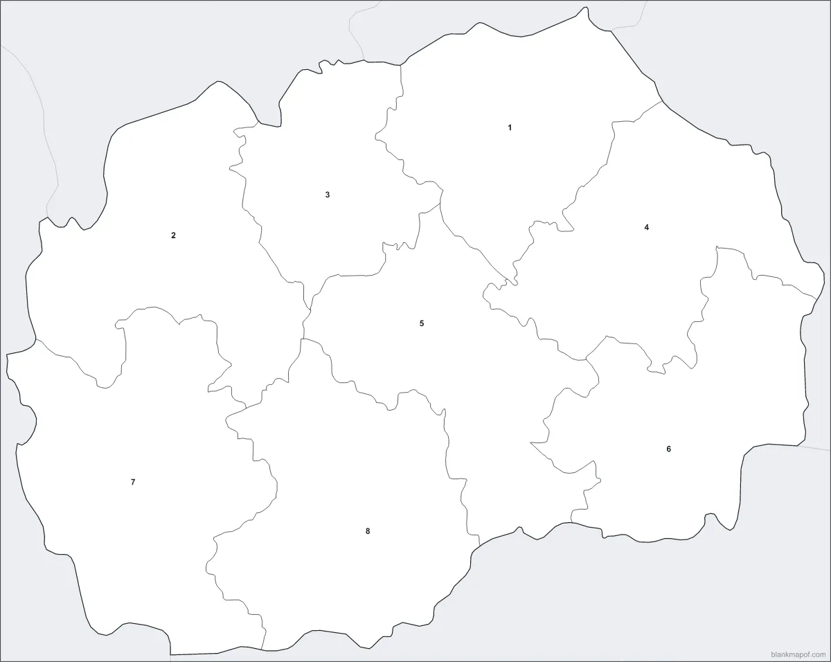Blank map of North Macedonia, numbered