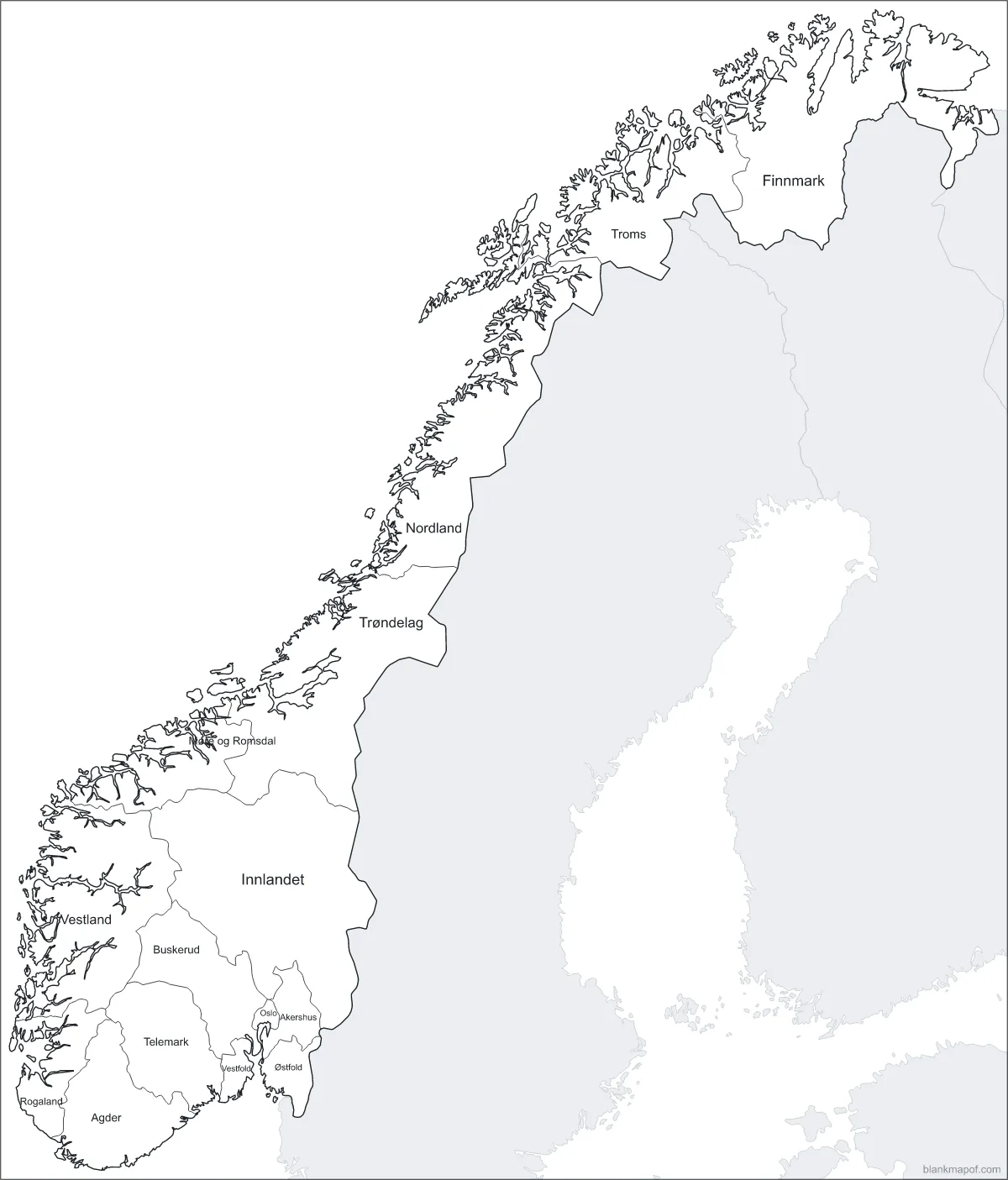 Blank map of Norway, labeled