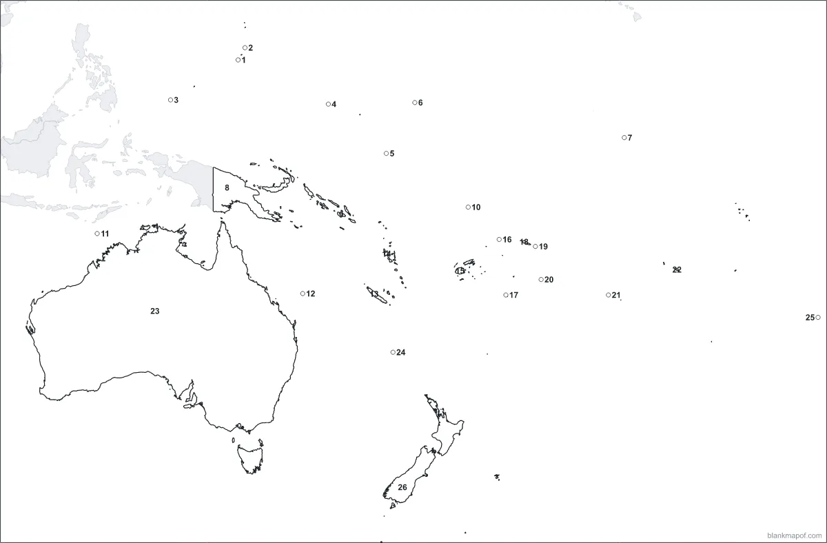 Blank map of Oceania, numbered