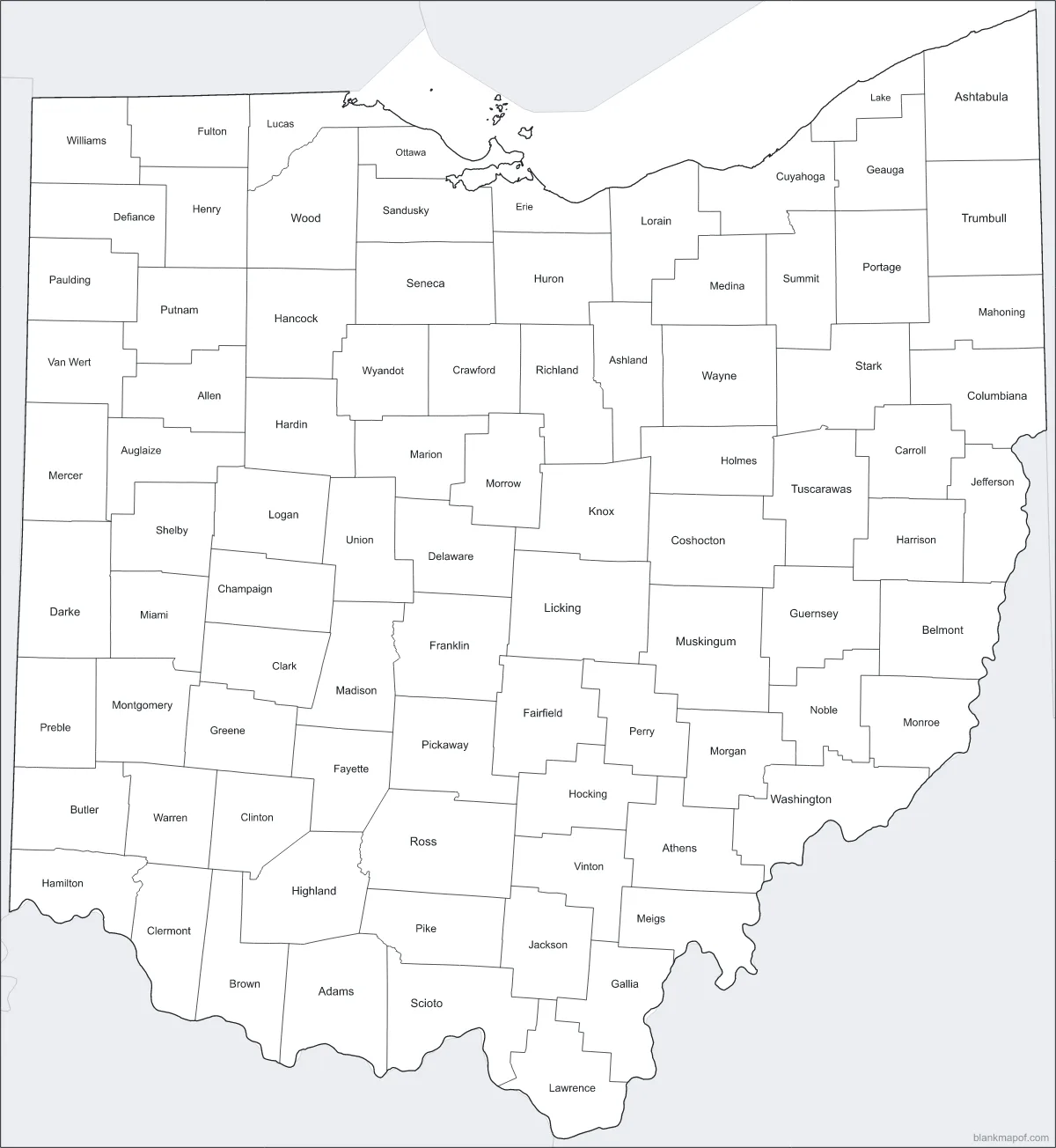 Blank map of Ohio, labeled