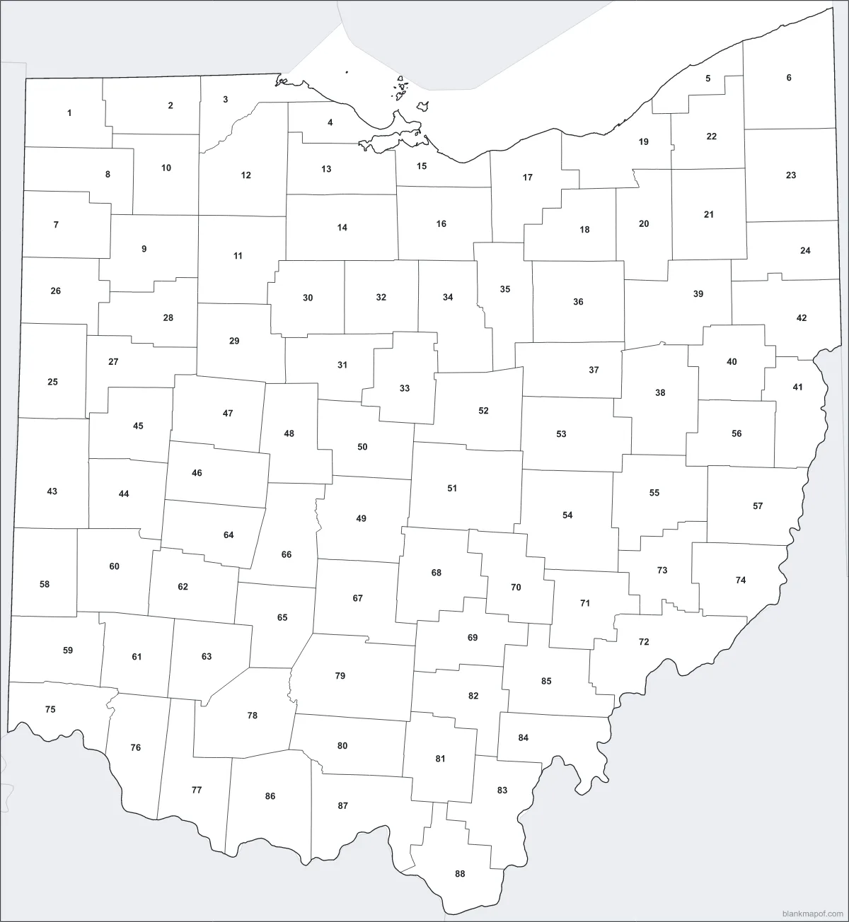 Blank map of Ohio, numbered